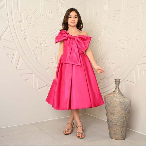 فستان بناتي سهرة فوشيا بتصميم فيونكة كبيرة - 638 فستان بناتي سهرة فوشيا بتصميم فيونكة كبيرة - 638