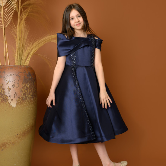 فستان بناتي سهرة بتصميم كتف مكشوف وتطريز فاخر - 816