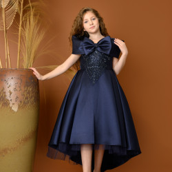 فستان سهرة منفوش بذيل مع فيونكة وتطريز على الصدر - 814 فستان سهرة منفوش بذيل مع فيونكة وتطريز على الصدر - 814