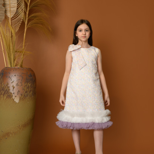 فستان بناتي كشكش مع فيونكة على الكتف - 785 فستان بناتي كشكش مع فيونكة على الكتف - 785