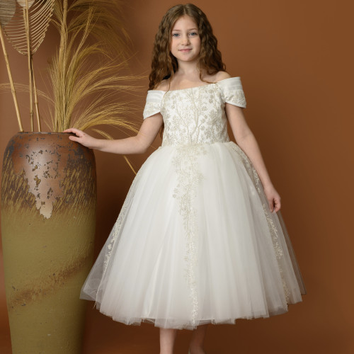 فستان بناتي سهرة أبيض بتصميم منفوش - M3607 فستان بناتي سهرة أبيض بتصميم منفوش - M3607