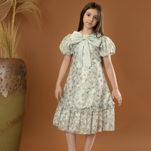 فستان بناتي مع فيونكة كبيرة وأكمام منفوشة - M3556 فستان بناتي مع فيونكة كبيرة وأكمام منفوشة - M3556