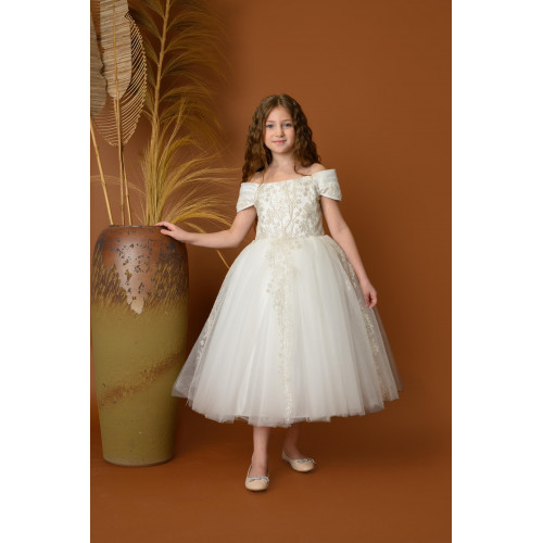 فستان بناتي سهرة أبيض بتصميم منفوش - M3607 فستان بناتي سهرة أبيض بتصميم منفوش - M3607
