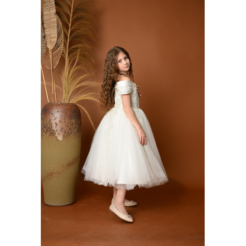 فستان بناتي سهرة أبيض بتصميم منفوش - M3607 فستان بناتي سهرة أبيض بتصميم منفوش - M3607