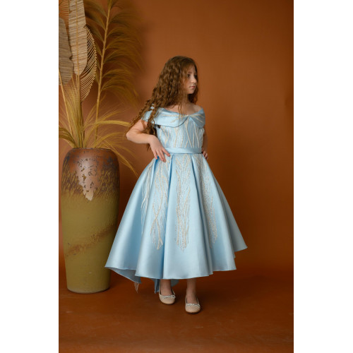 فستان بناتي سهرة 3 الوان بأكتاف مكشوفة بتصميم ملكي - M3609