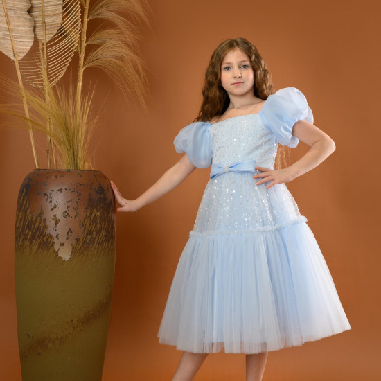 فستان بناتي سهرة لونين منفوش بلمسات براقة