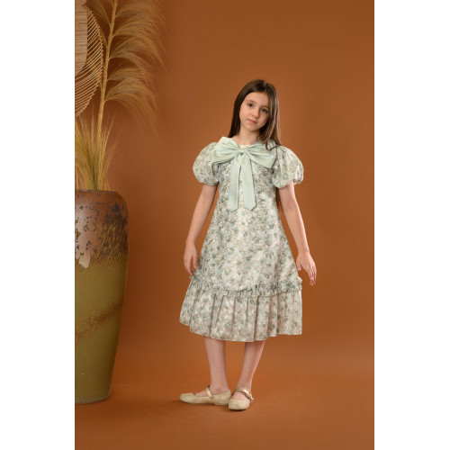 فستان بناتي مع فيونكة كبيرة وأكمام منفوشة - M3556 فستان بناتي مع فيونكة كبيرة وأكمام منفوشة - M3556