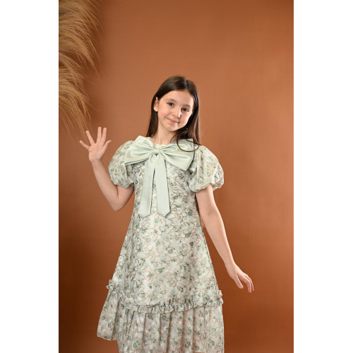 فستان بناتي مع فيونكة كبيرة وأكمام منفوشة - M3556