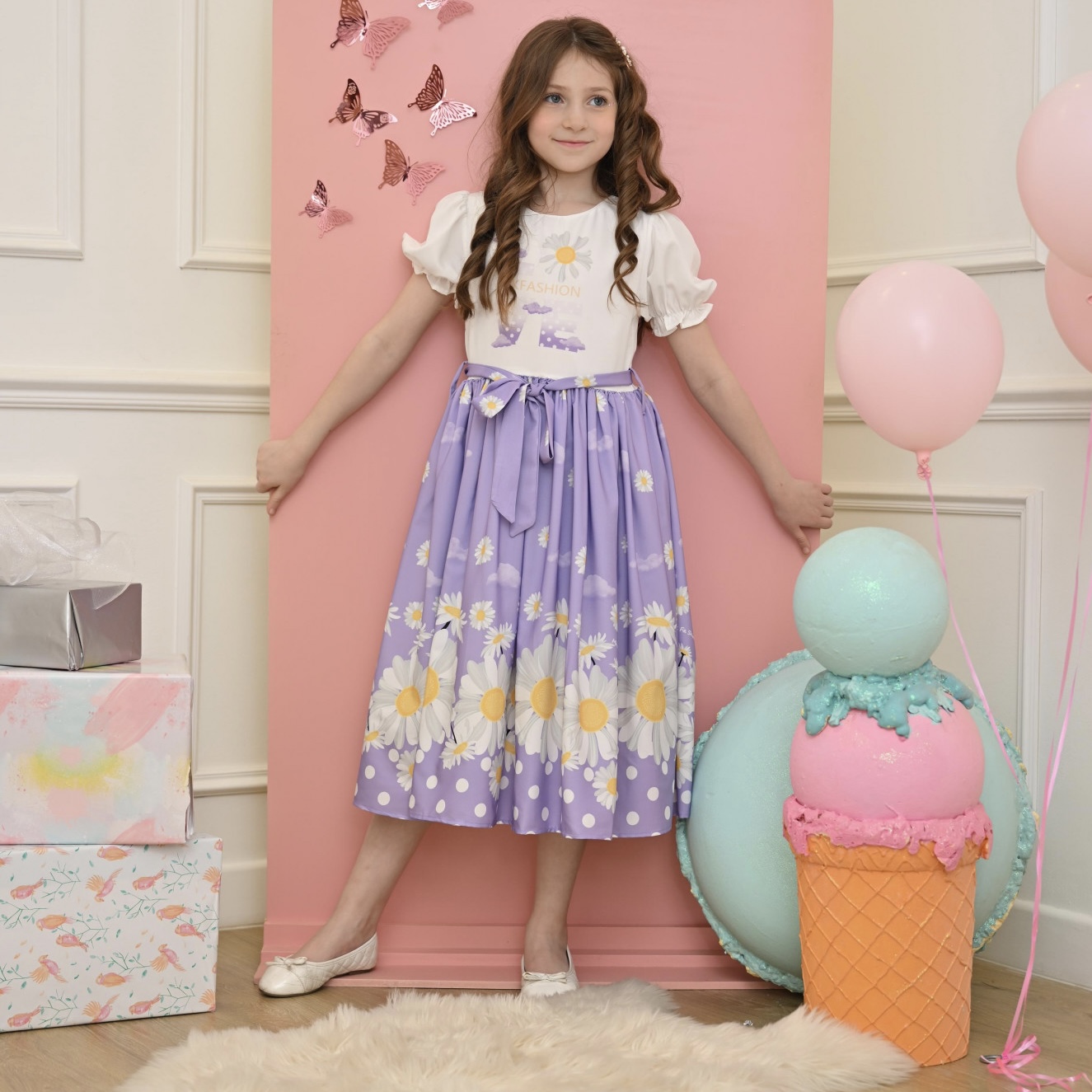 فستان بناتي زهرة عباد الشمس لونين - Mk23051b