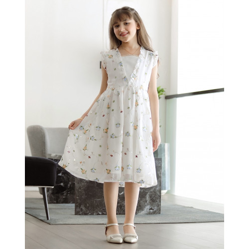 فستان بناتي مشجر بلمسات من اللون البرتقالي والسماوي - Mk2501006 فستان بناتي مشجر بلمسات من اللون البرتقالي والسماوي - Mk2501006