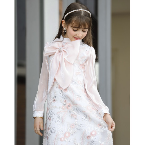 فستان بناتي سبور فيونكه على الصدر - 911 - يوجد اختلاف بدرجة لون الكم والفيونكة صورة توضيحية اخر صورتين