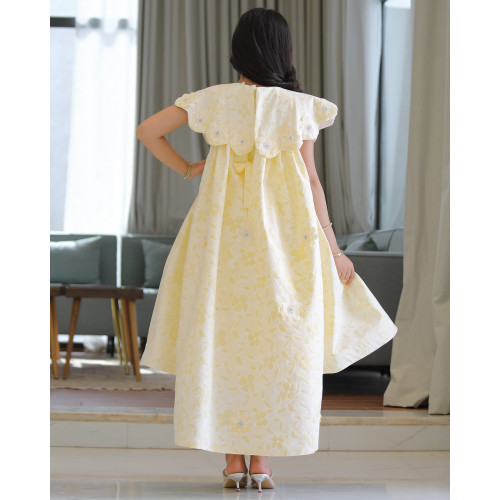 فستان بناتي الاصفر الانيق بذيل وتفاصيل انيقة - 924 فستان بناتي الاصفر الانيق بذيل وتفاصيل انيقة - 924