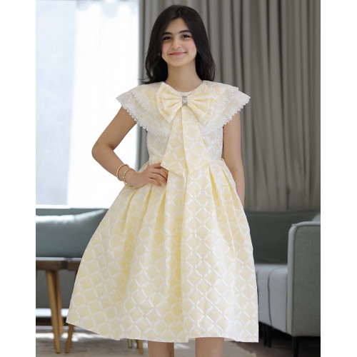 فستان بناتي الاصفر بفيونكه وحزام انيق - 901 فستان بناتي الاصفر بفيونكه وحزام انيق - 901