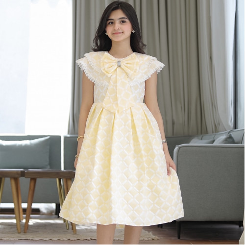 فستان بناتي الاصفر بفيونكه وحزام انيق - 901 فستان بناتي الاصفر بفيونكه وحزام انيق - 901