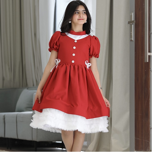 فستان بناتي أحمر بفيونكه على الخصر - 914 فستان بناتي أحمر بفيونكه على الخصر - 914