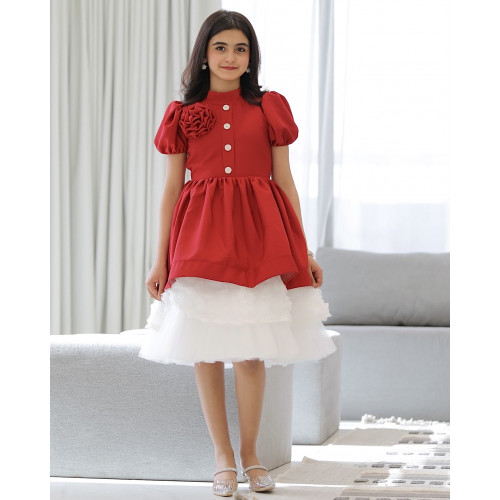 فستان بناتي أحمر بورده حمراء على الصدر - 913