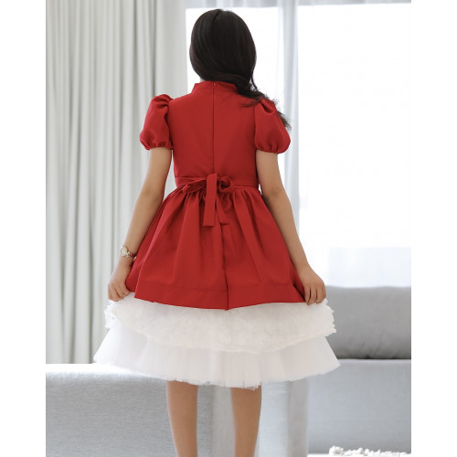 فستان بناتي أحمر بورده حمراء على الصدر - 913