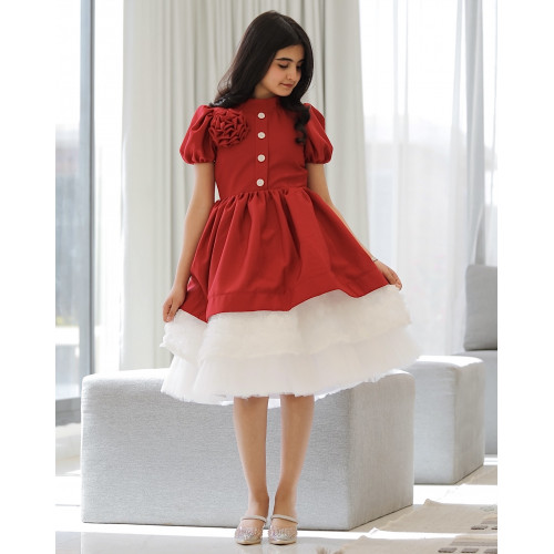 فستان بناتي أحمر بورده حمراء على الصدر - 913