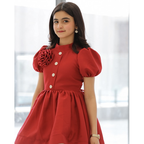 فستان بناتي أحمر بورده حمراء على الصدر - 913