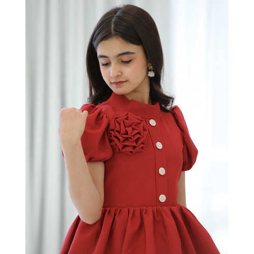 فستان بناتي أحمر بورده حمراء على الصدر - 913