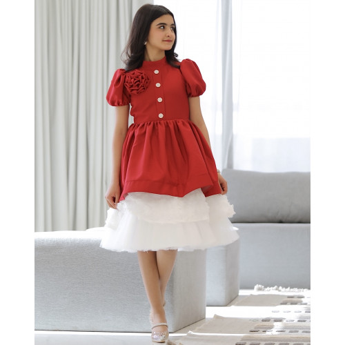 فستان بناتي أحمر بورده حمراء على الصدر - 913