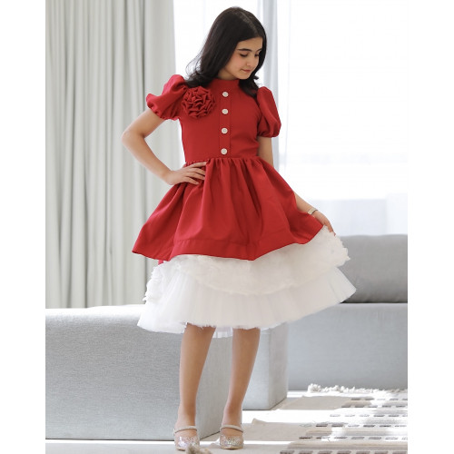 فستان بناتي أحمر بورده حمراء على الصدر - 913