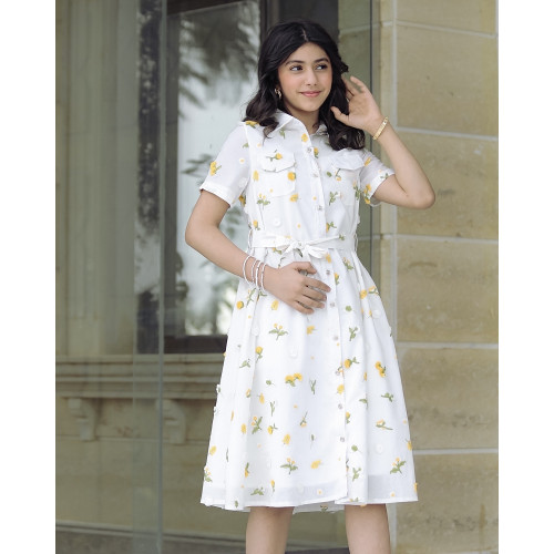 فستان بناتي بتشجيرة هادئة مع حزام وجيوب - Mk2501011 فستان بناتي بتشجيرة هادئة مع حزام وجيوب - Mk2501011