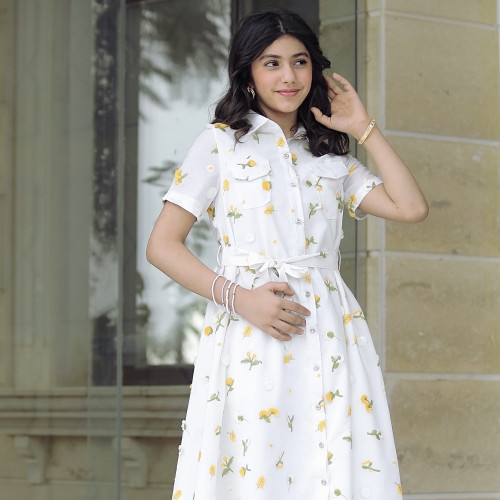 فستان بناتي بتشجيرة هادئة مع حزام وجيوب - Mk2501011 فستان بناتي بتشجيرة هادئة مع حزام وجيوب - Mk2501011