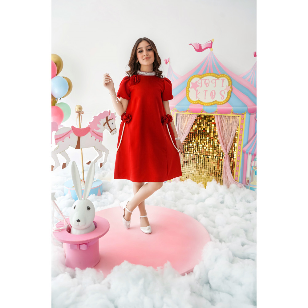 فستان بناتي أحمر بتصميم أنيق وتزيينات ورد ولؤلؤ - 1011