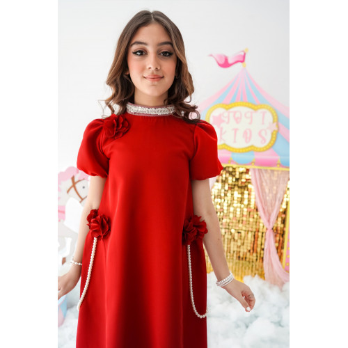 فستان بناتي أحمر بتصميم أنيق وتزيينات ورد ولؤلؤ - 1011 فستان بناتي أحمر بتصميم أنيق وتزيينات ورد ولؤلؤ - 1011