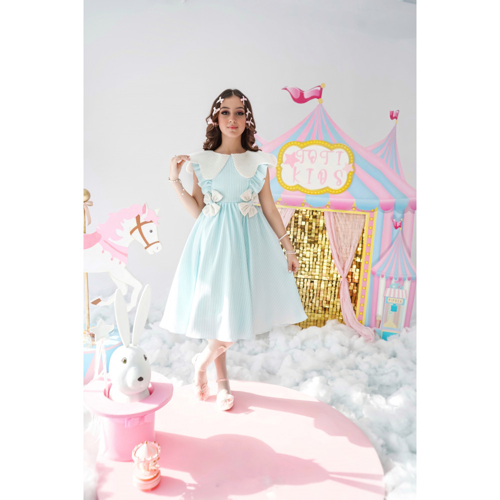 فستان بناتي سماوي بفيونكات | تصميم مقلّم - 1013