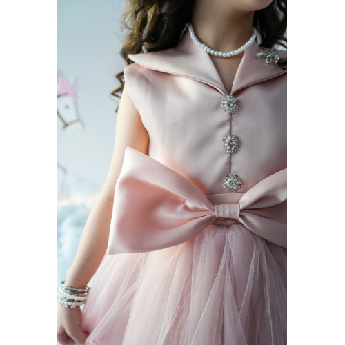 فستان سهرة بناتي وردي تل بفيونكة - M3724 فستان سهرة بناتي وردي تل بفيونكة - M3724