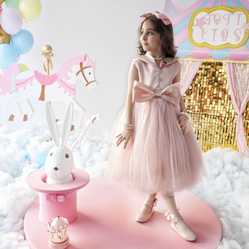 فستان سهرة بناتي وردي تل بفيونكة - M3724 فستان سهرة بناتي وردي تل بفيونكة - M3724