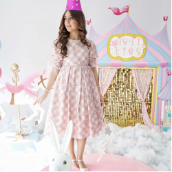 فستان بناتي كاروهات وردي تصميم كلاسيكي للحفلات - 1019 فستان بناتي كاروهات وردي تصميم كلاسيكي للحفلات - 1019