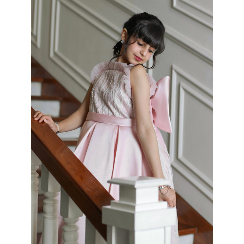 فستان بناتي وردي بذيل وتطريز فضي | فستان سهرة للأفراح - M3605 فستان بناتي وردي بذيل وتطريز فضي | فستان سهرة للأفراح - M3605