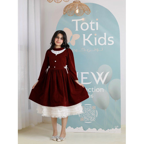 فستان بناتي مخمل عنابي بياقة بيضاء | فستان شتوي بطبقات تل - 1102 فستان بناتي مخمل عنابي بياقة بيضاء | فستان شتوي بطبقات تل - 1102