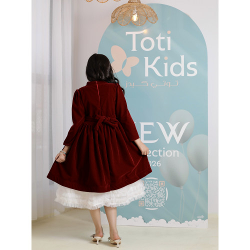 فستان بناتي مخمل عنابي بياقة بيضاء | فستان شتوي بطبقات تل - 1102 فستان بناتي مخمل عنابي بياقة بيضاء | فستان شتوي بطبقات تل - 1102