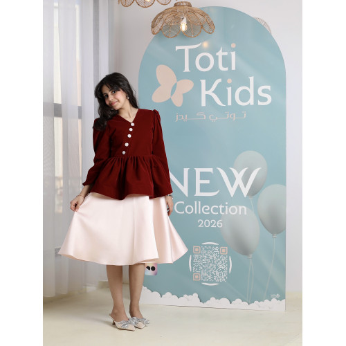 فستان بناتي مخمل عنابي بقصة بيبلوم | فستان شتوي عصري - 1101 فستان بناتي مخمل عنابي بقصة بيبلوم | فستان شتوي عصري - 1101