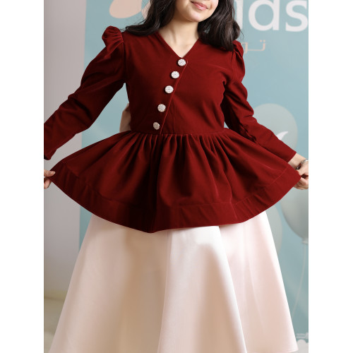 فستان بناتي مخمل عنابي بقصة بيبلوم | فستان شتوي عصري - 1101 فستان بناتي مخمل عنابي بقصة بيبلوم | فستان شتوي عصري - 1101