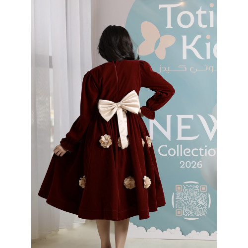 فستان بناتي مخمل عنابي بزهور بارزة | فستان شتوي فاخر - 1100 فستان بناتي مخمل عنابي بزهور بارزة | فستان شتوي فاخر - 1100