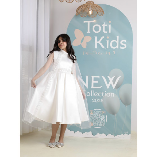 فستان بناتي أبيض مع كاب مرصع | فستان سهرة فاخر - 1039