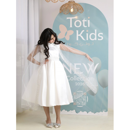 فستان بناتي أبيض مع كاب مرصع | فستان سهرة فاخر - 1039