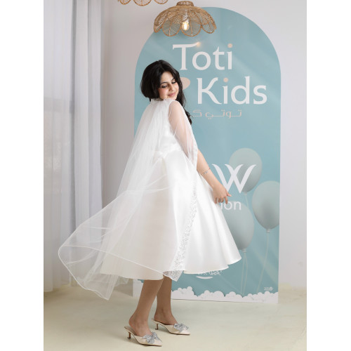 فستان بناتي أبيض مع كاب مرصع | فستان سهرة فاخر - 1039