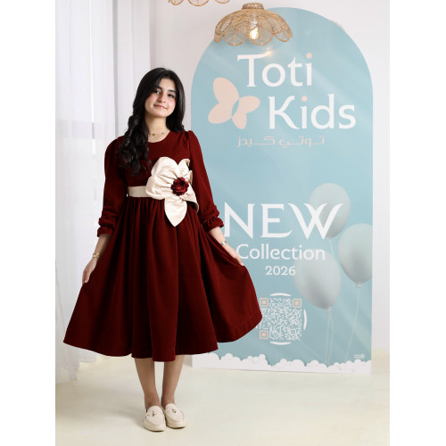 فستان بناتي مخمل عنابي بفيونكة كبيرة | فستان شتوي فاخر - 1104 فستان بناتي مخمل عنابي بفيونكة كبيرة | فستان شتوي فاخر - 1104