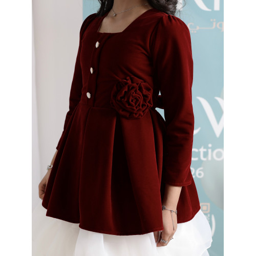 فستان بناتي مخمل عنابي وتنورة تل | فستان شتوي بطبقات - 1105 فستان بناتي مخمل عنابي وتنورة تل | فستان شتوي بطبقات - 1105