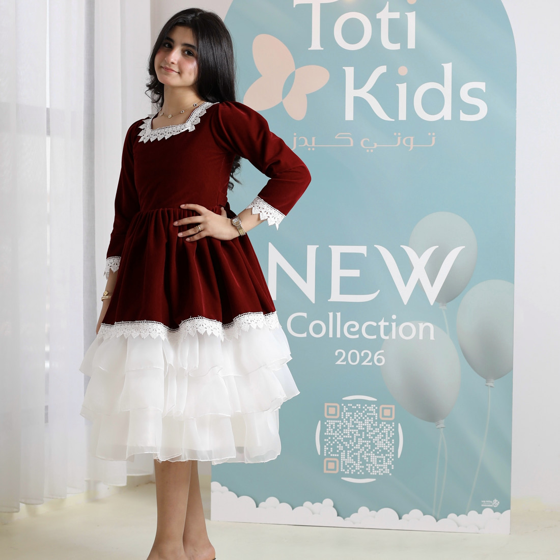 فستان بناتي مخمل بياقة دانتيل | فستان شتوي بطبقات تل - 1106