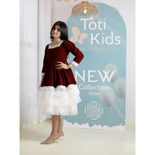 فستان بناتي مخمل بياقة دانتيل | فستان شتوي بطبقات تل - 1106 فستان بناتي مخمل بياقة دانتيل | فستان شتوي بطبقات تل - 1106