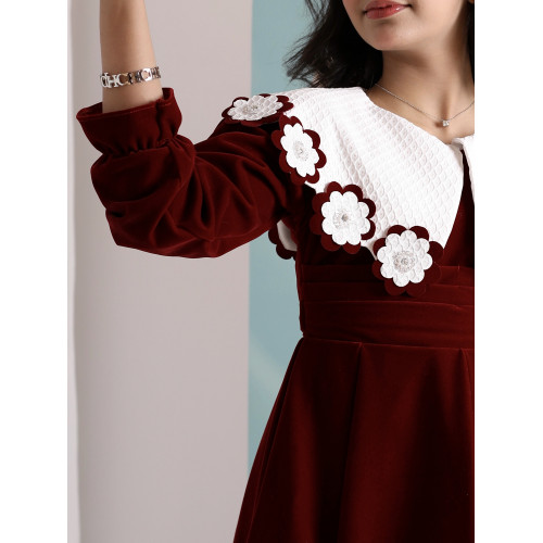 فستان بناتي مخمل بياقة الزهور | فستان شتوي كلاسيكي - 1107 فستان بناتي مخمل بياقة الزهور | فستان شتوي كلاسيكي - 1107