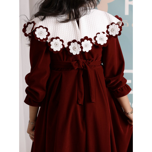 فستان بناتي مخمل بياقة الزهور | فستان شتوي كلاسيكي - 1107 فستان بناتي مخمل بياقة الزهور | فستان شتوي كلاسيكي - 1107