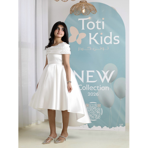 فستان بناتي أبيض أوف شولدر | فستان هاي لو للأفراح - M3750